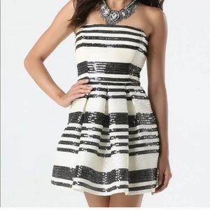 Bebe striped sequin strapless party cocktail dress